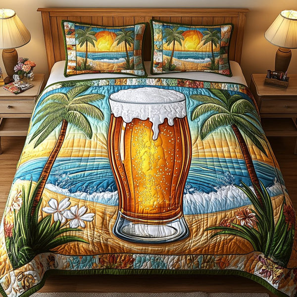 Cheers Waves quilted 3-piece bedding set on a made bed in a light coastal bedroom