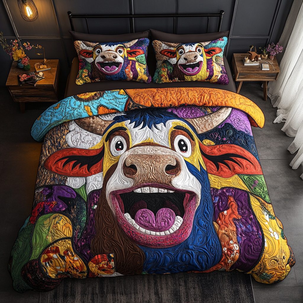 Cheery Herd quilted 3-piece bedding set on a made bed with two matching pillow shams