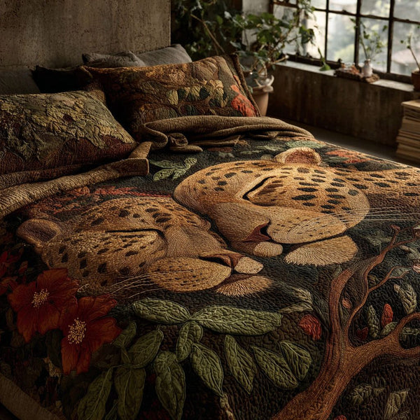 Cheetah Dreams quilted 3-piece bedding set on a made bed with two matching pillow shams