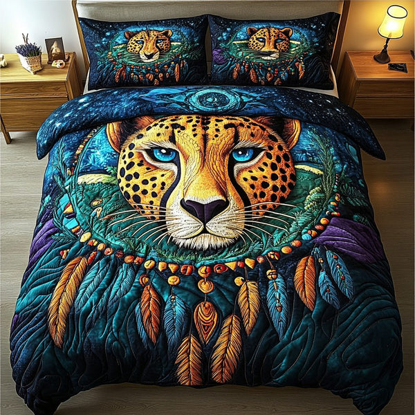 Cheetah Sprint quilted 3-piece bedding set on a made bed with two matching pillow shams