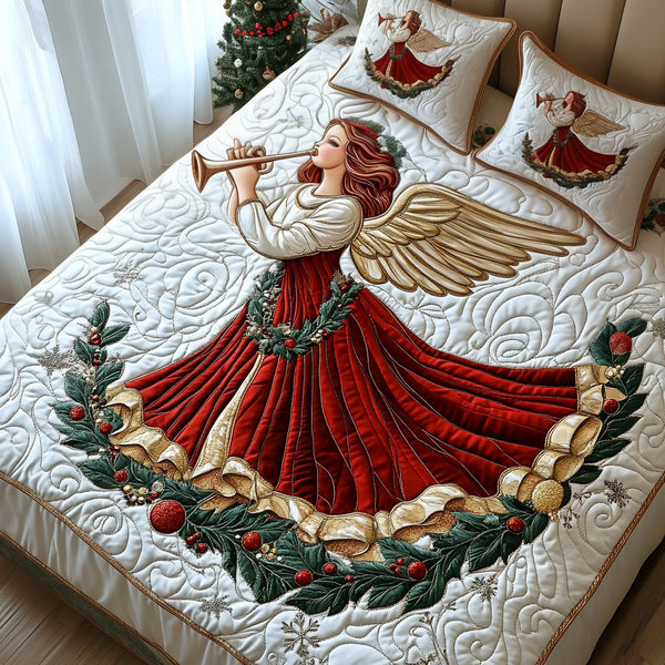 Cherished Christmas quilted 3-piece bedding set on a made bed in a winter-styled bedroom