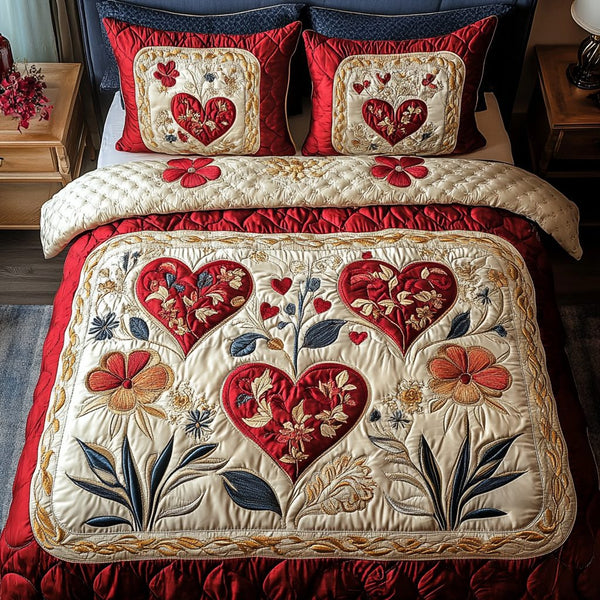 Cherished Dreams quilted 3-piece bedding set on a made bed with two matching pillow shams