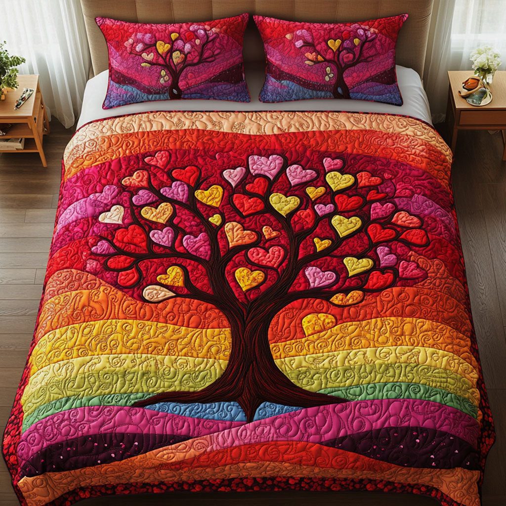 Cherished Grove quilted 3-piece bedding set on a made bed with two matching pillow shams