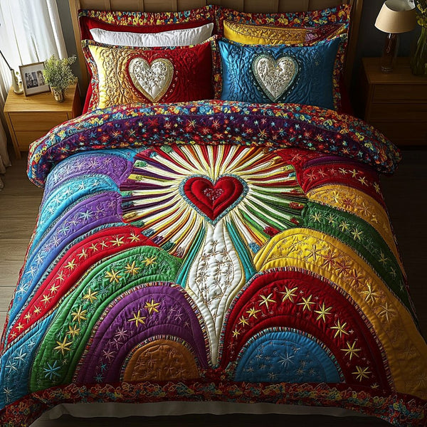 Cherished Heart quilted 3-piece bedding set on a made bed with two matching pillow shams