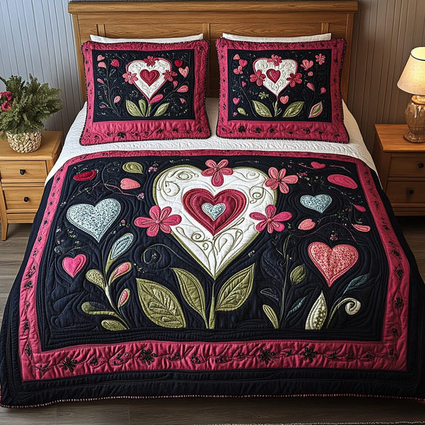 Cherished Jar quilted 3-piece bedding set on a made bed with two matching pillow shams