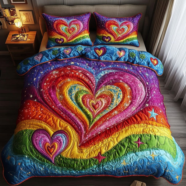 Cherished Love quilted 3-piece bedding set on a made bed with two matching pillow shams