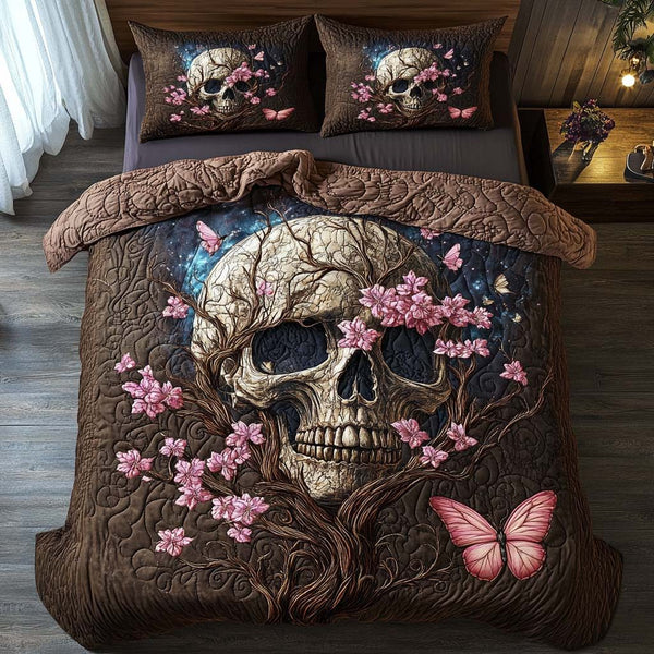 Cherry Skull Spirit quilted 3-piece bedding set on a made bed against a dark styled interior