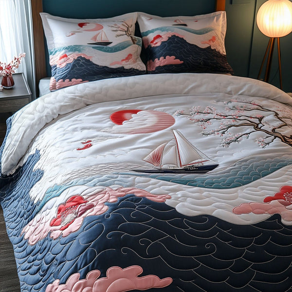 Cherry Winds quilted 3-piece bedding set on a made bed with two matching pillow shams