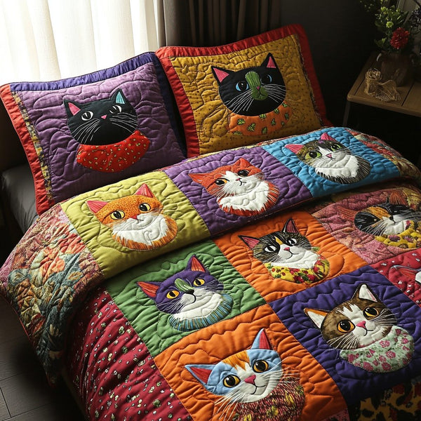 Cheshire Dreams quilted 3-piece bedding set on a made bed with two matching pillow shams