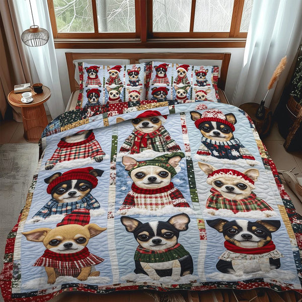 Chi-mas Joy quilted 3-piece bedding set on a made bed with two matching pillow shams