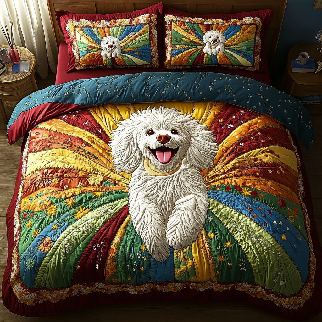 Chic Paws quilted 3-piece bedding set on a made bed with two matching pillow shams