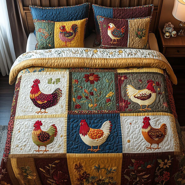Chick Charm quilted 3-piece bedding set on a made bed with two matching pillow shams