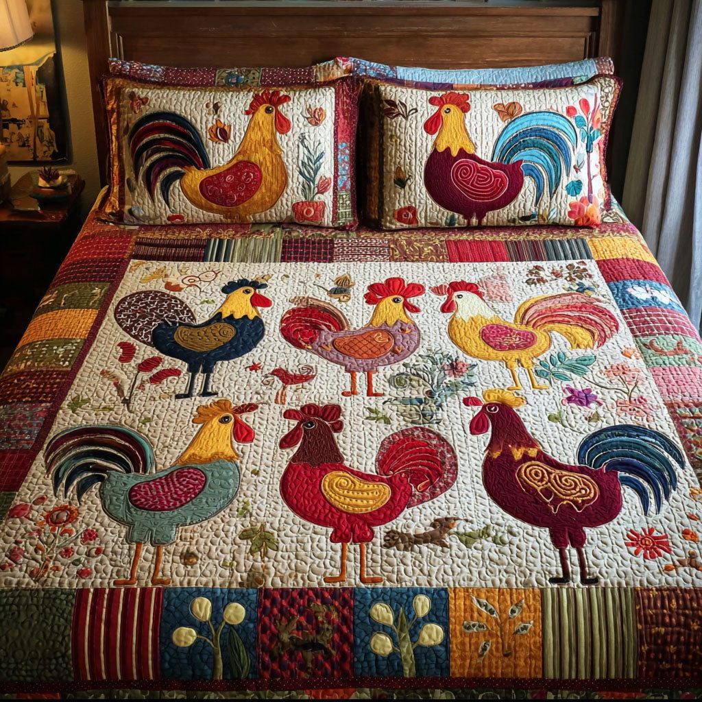Chick Chick Charm quilted 3-piece bedding set on a made bed with two matching pillow shams