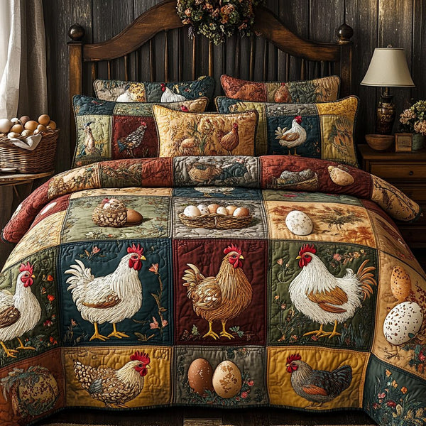 Chick Delight quilted 3-piece bedding set on a made bed with two matching pillow shams