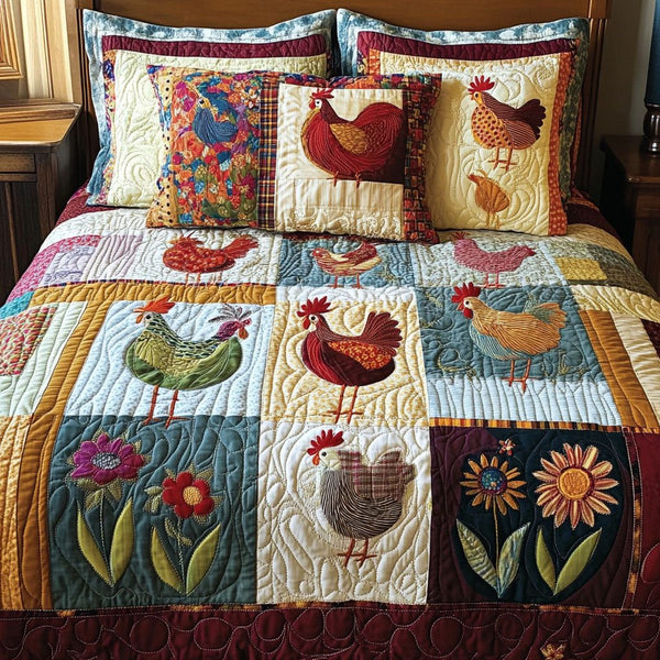 Chick Parade quilted 3-piece bedding set on a made bed with two matching pillow shams