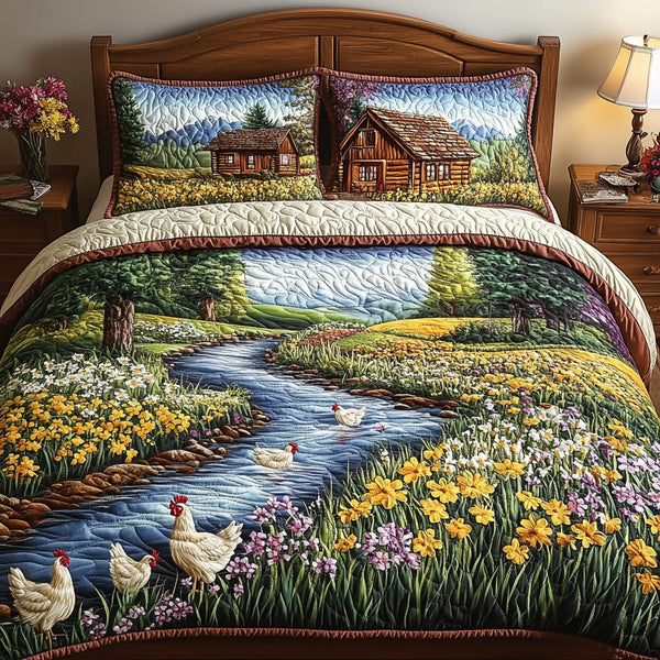 Chicken Creek Cottage quilted 3-piece bedding set on a made bed in a farmhouse bedroom