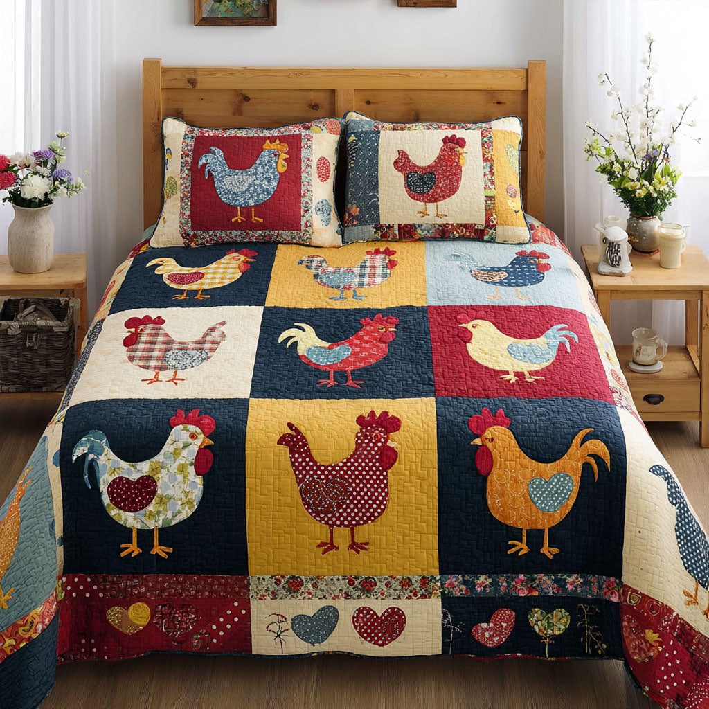 Chicken Delight quilted 3-piece bedding set on a made bed with two matching pillow shams