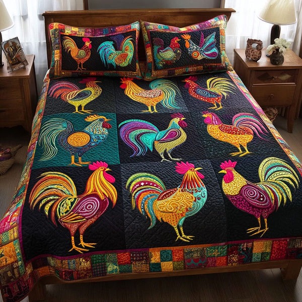 Chicken Dreams quilted 3-piece bedding set on a made bed with two matching pillow shams