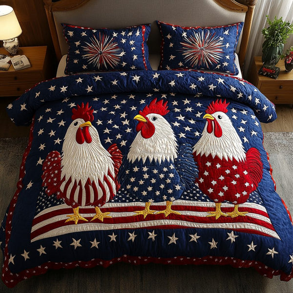 Chicken Freedom quilted 3-piece bedding set on a made bed in a warmly lit bedroom