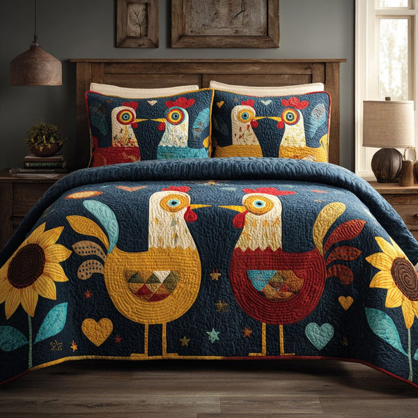 Chicken Garden quilted 3-piece bedding set on a made bed with two matching pillow shams
