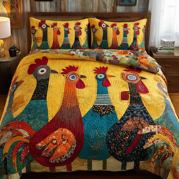 Chicken Gathering quilted 3-piece bedding set on a made bed with two matching pillow shams