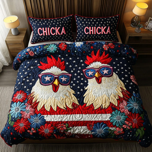 Chicken Glory quilted 3-piece bedding set on a made bed with two matching pillow shams
