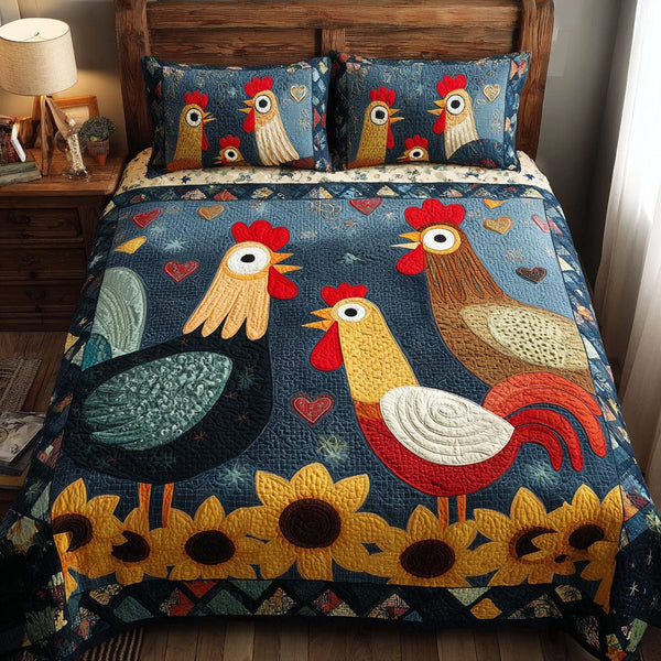 Chicken Haven quilted 3-piece bedding set on a made bed with two matching pillow shams