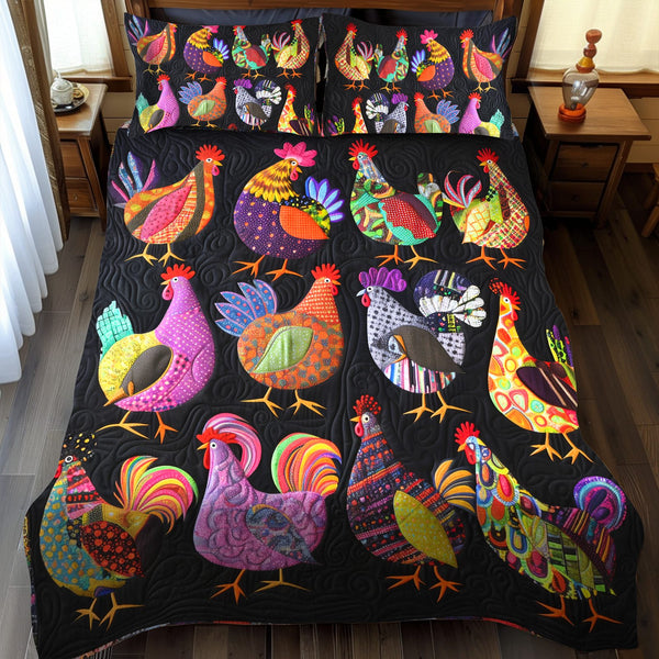 Chicken Hues Harmony quilted 3-piece bedding set on a made bed with two matching pillow shams