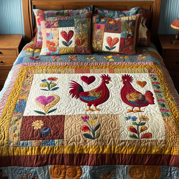 Chicken Love quilted 3-piece bedding set on a made bed with two matching pillow shams