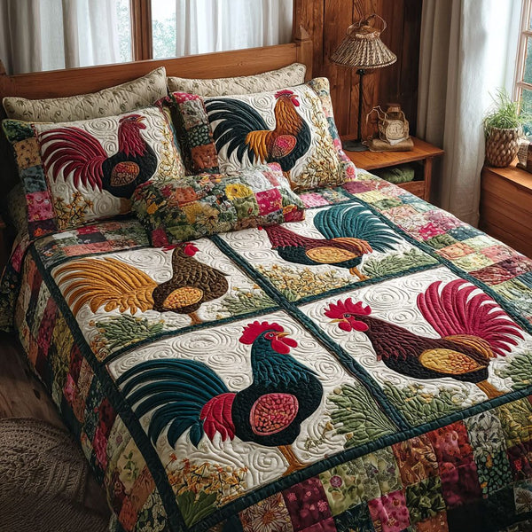 Chicken Meadow quilted 3-piece bedding set on a made bed with two matching pillow shams