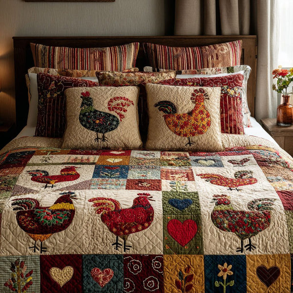 Chicken Melody quilted 3-piece bedding set on a made bed with two matching pillow shams