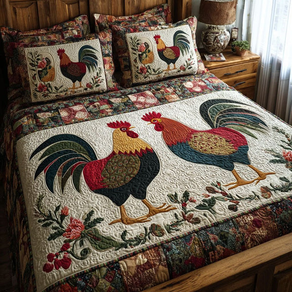 Chicken Moments quilted 3-piece bedding set on a made bed with two matching pillow shams