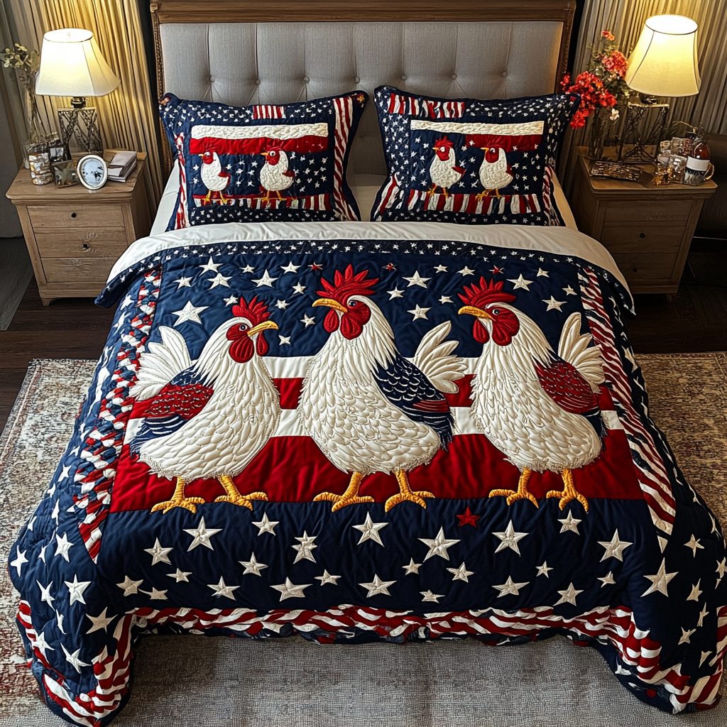 Chicken Parade quilted 3-piece bedding set on a made bed with two matching pillow shams