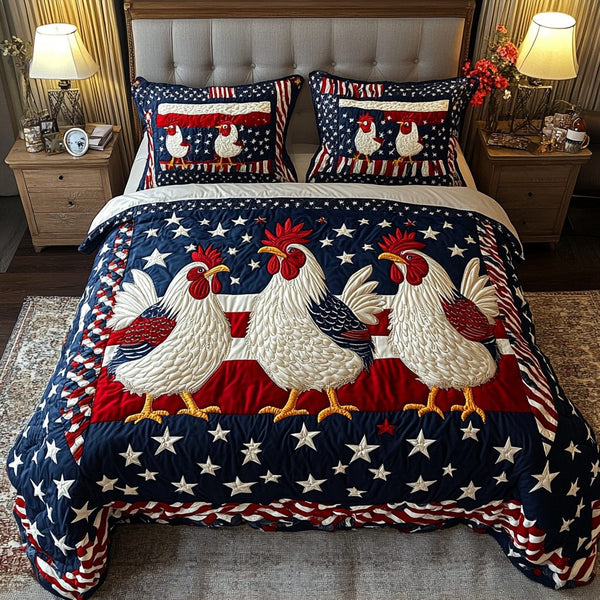 Chicken Parade quilted 3-piece bedding set on a made bed with two matching pillow shams