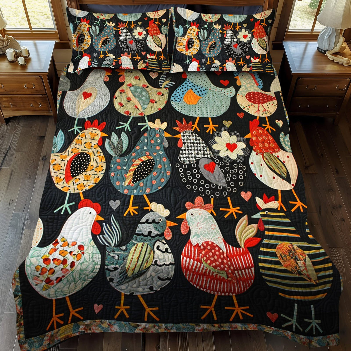Chicken Paradise quilted 3-piece bedding set on a made bed with two matching pillow shams