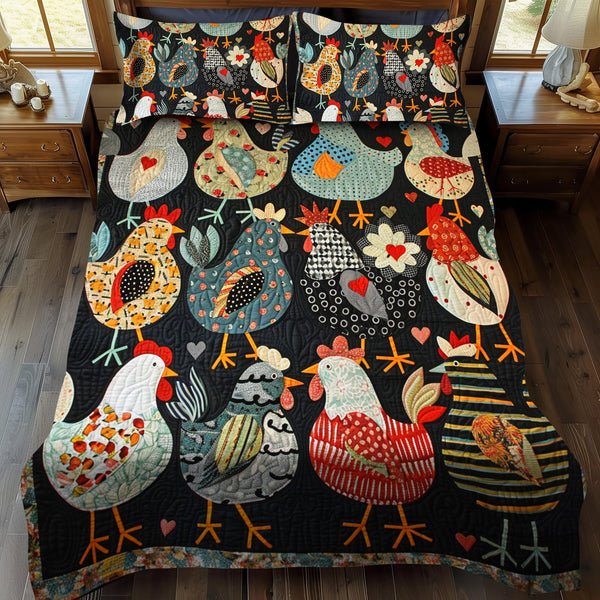 Chicken Paradise quilted 3-piece bedding set on a made bed with two matching pillow shams