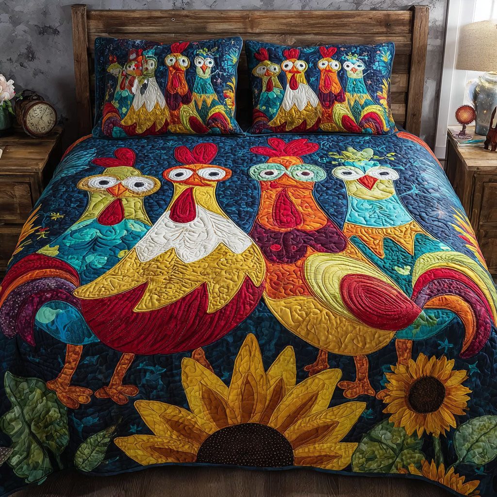 Chicken Patch quilted 3-piece bedding set on a made bed with two matching pillow shams