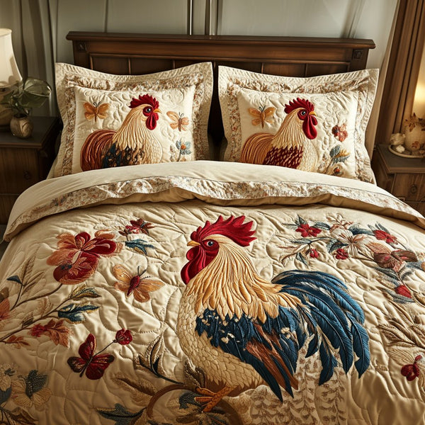 Chicken Patch quilted 3-piece bedding set on a made bed with two matching pillow shams