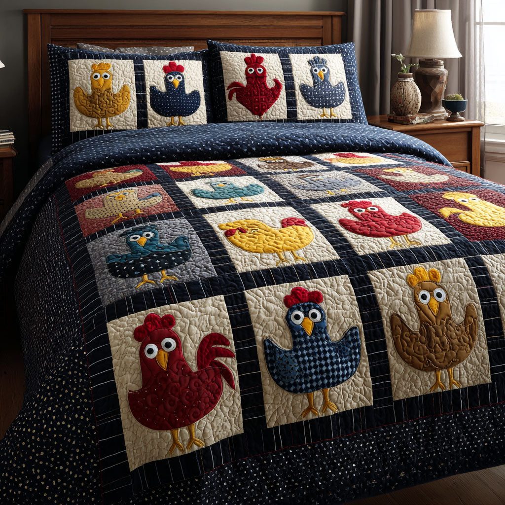 Chicken Patchwork quilted 3-piece bedding set on a made bed in a farmhouse bedroom