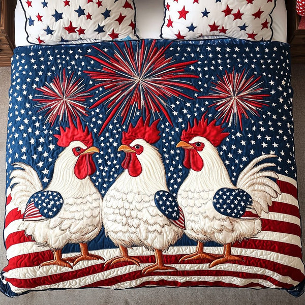 Chicken Pride quilted 3-piece bedding set on a made bed with two matching pillow shams