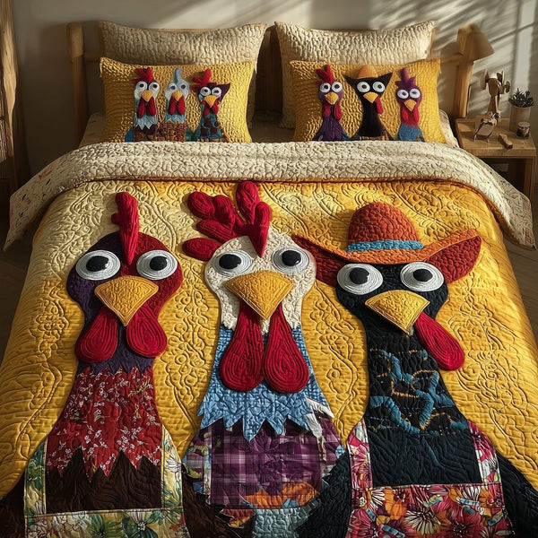 Chicken quilted 3-piece bedding set on a made bed with two matching pillow shams