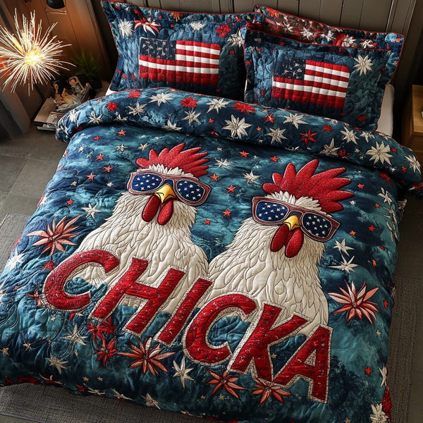 Chicken Stars quilted 3-piece bedding set on a made bed with two matching pillow shams