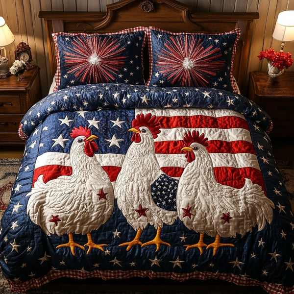 Chicken Vibe quilted 3-piece bedding set on a made bed with two matching pillow shams
