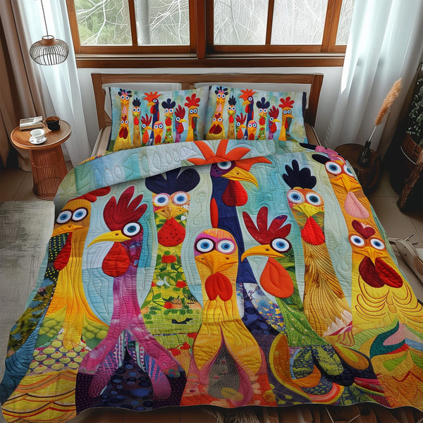 Chicken Vibrant Village quilted 3-piece bedding set on a made bed with two matching pillow shams