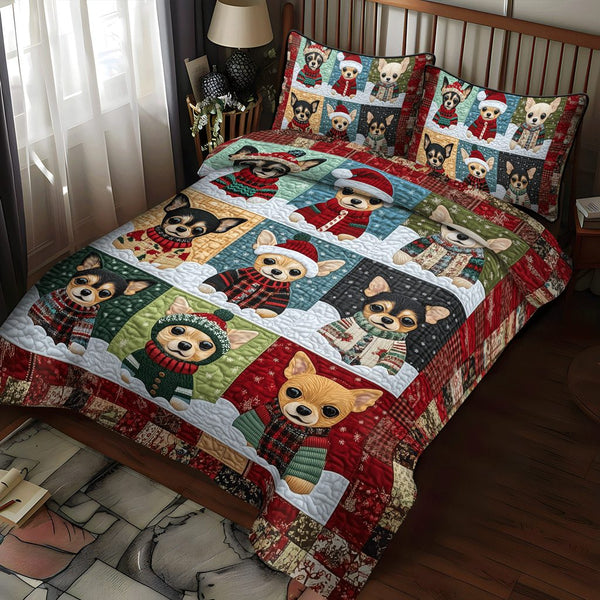 Chihuahua Santa Squad quilted 3-piece bedding set on a made bed in a winter-styled bedroom