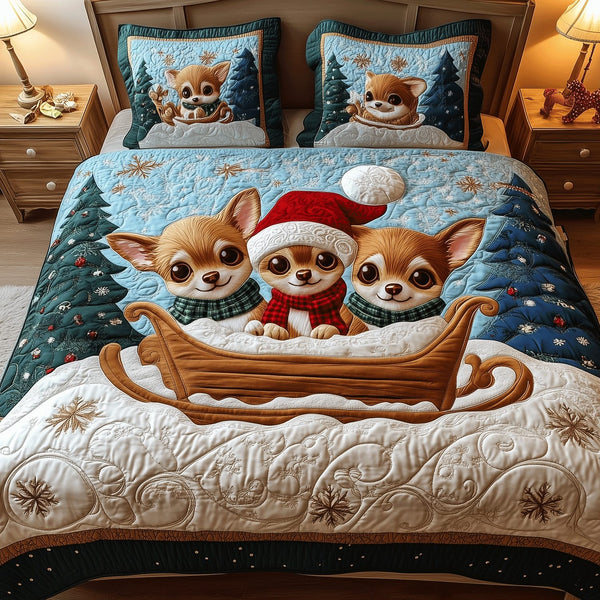 Chihuahua Santa Squad quilted 3-piece bedding set on a made bed in a winter-styled bedroom