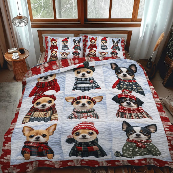 Chihuahua Winter Bliss quilted 3-piece bedding set on a made bed in a winter-styled bedroom