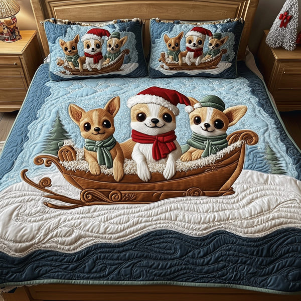Chihuahua Winter Bliss quilted 3-piece bedding set on a made bed in a winter-styled bedroom