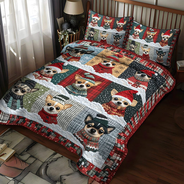 Chihuahua Xmas Crew quilted 3-piece bedding set on a made bed in a winter-styled bedroom