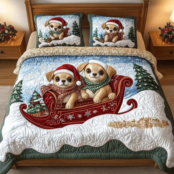Chihuahua Xmas Crew quilted 3-piece bedding set on a made bed in a winter-styled bedroom